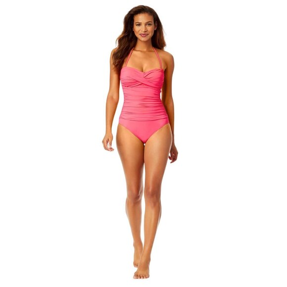 Anne Cole Womens Shirred Twist Front One-Piece Swimsuit Hot Flamingo Pink 8 - Picture 9 of 12